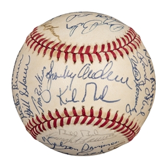 1984 World Series Champions Detroit Tigers Team Signed OAL Brown Baseball with 38 Signatures Including Trammell (JSA)